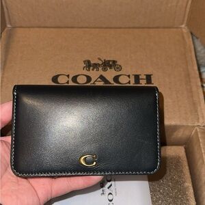 Coach Black Leather Card Holder with Gold Accent